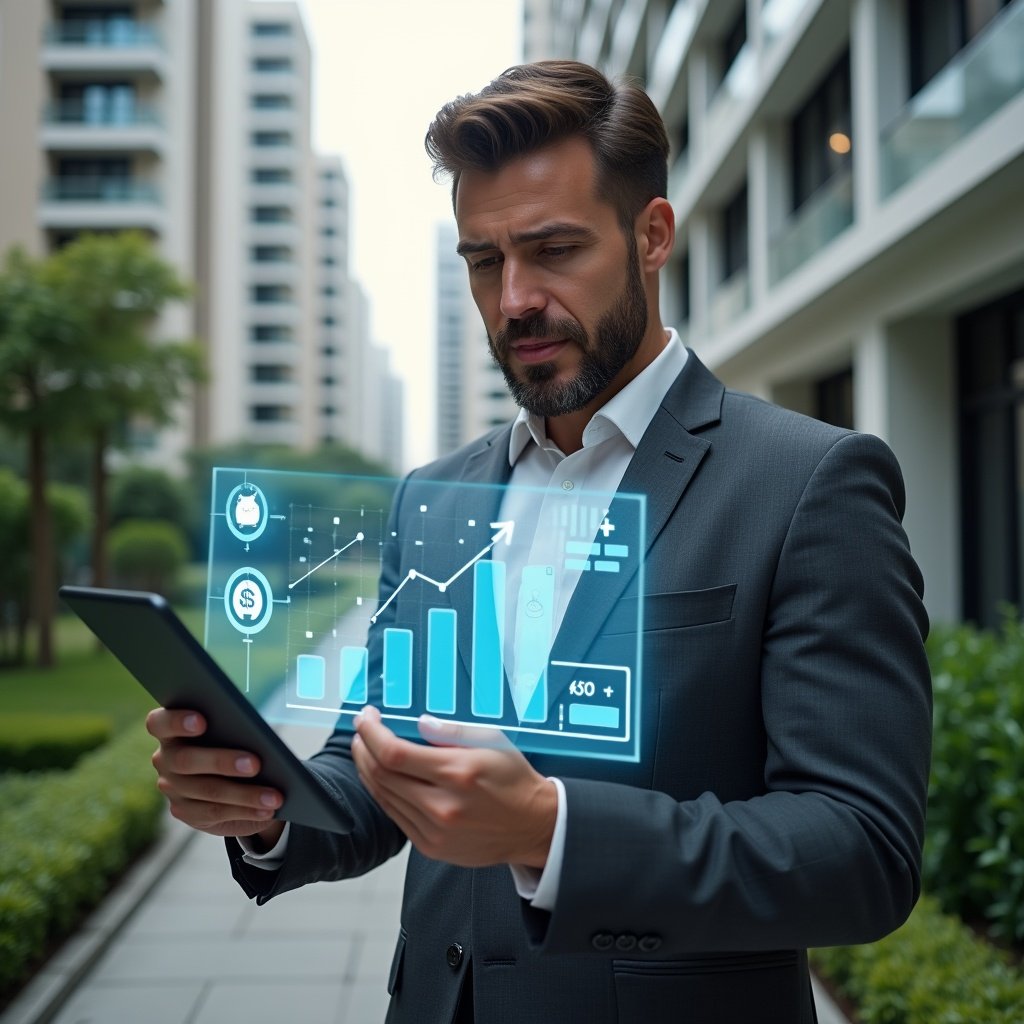 Ultra-realistic condominium manager in a charcoal gray suit, set in a modern luxury condominium environment with high-rise buildings and meticulously landscaped gardens, reviewing a floating holographic budget chart with cost-saving icons and a digital piggy bank symbol, thoughtful and confident expression, cinematic lighting, shallow depth of field, highly detailed textures, realistic skin, photographic realism, 8k resolution --ar 1:1 --v 6