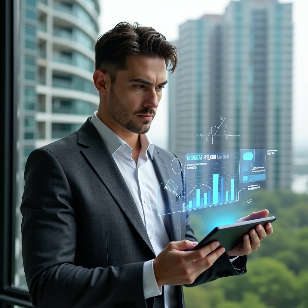 (Ultra-realistic condominium manager in a dark gray business suit and crisp white shirt, set in a modern luxury condominium environment with high-rise buildings and lush green landscaping, holding a tablet displaying holographic cost-saving charts and budget forecasts, analyzing data with a confident expression, floating financial holograms and icons of a wrench and paint roller symbolizing maintenance planning, cinematic lighting, shallow depth of field, highly detailed textures, realistic skin, photographic realism, 8k resolution --ar 1:1 --v 6)