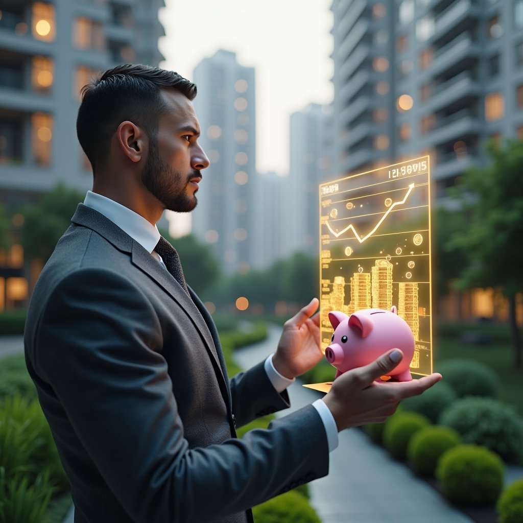 (Ultra-realistic condominium manager in a charcoal gray suit, set in a modern luxury condominium environment with high-rise buildings and manicured gardens, viewing a holographic financial chart with icons of coins and piggy bank floating around, confidently analyzing cost-saving strategies, cinematic lighting, shallow depth of field, highly detailed textures, realistic skin, photographic realism, 8k resolution --ar 1:1 --v 6)