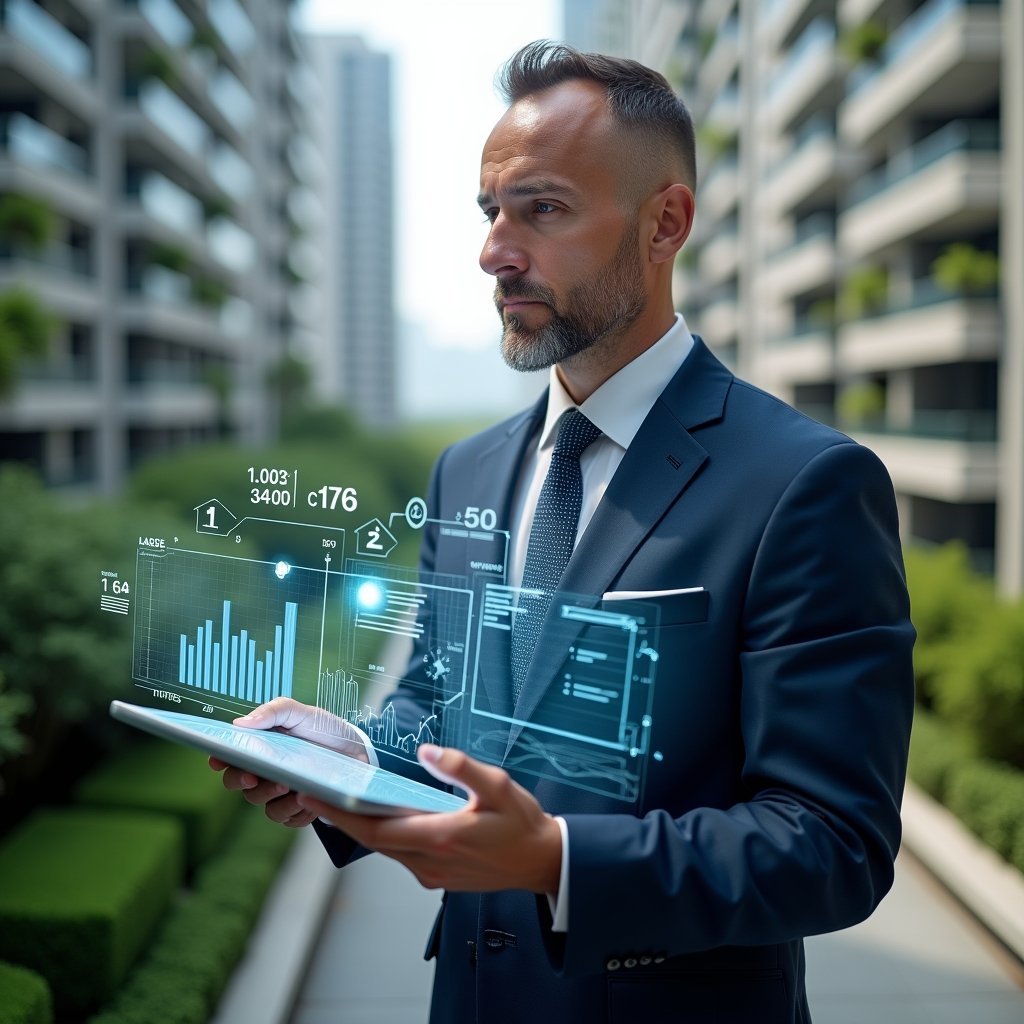 Ultra-realistic condominium property manager in a tailored navy suit, set in a modern luxury condominium environment with high-rise buildings and lush green landscaping, analyzing holographic budget charts on a transparent tablet, surrounded by floating cost-saving icons and blueprint overlays, confident and focused expression, cinematic lighting, shallow depth of field, highly detailed textures, realistic skin, photographic realism, 8k resolution --ar 1:1 --v 6