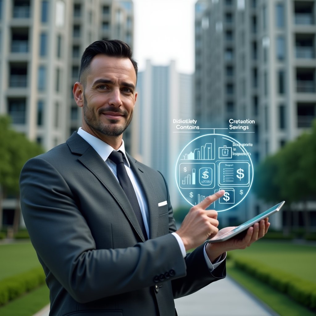 (Ultra-realistic condominium manager in a charcoal gray suit, set in a modern luxury condominium environment with high-rise buildings and manicured green landscaping, holding a transparent holographic tablet displaying budget charts and cost-saving graphs, confidently pointing at a floating icon of a wrench and dollar sign symbolizing maintenance and expense reduction, cinematic lighting, shallow depth of field, highly detailed textures, realistic skin, photographic realism, 8k resolution --ar 1:1 --v 6)