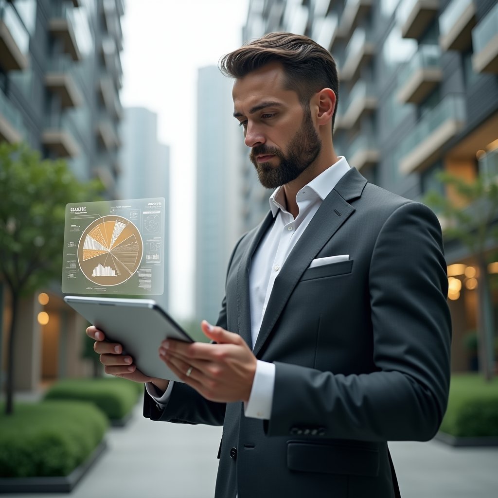 Ultra-realistic condominium manager in a charcoal gray suit, set in a modern luxury condominium environment with high-rise buildings and meticulously manicured greenery, mid-shot with a confident professional holding a tablet displaying holographic financial charts and cost-saving graphs, floating pie-chart hologram symbolizing budget reduction, cinematic lighting, shallow depth of field, highly detailed textures, realistic skin, photographic realism, 8k resolution --ar 1:1 --v 6
