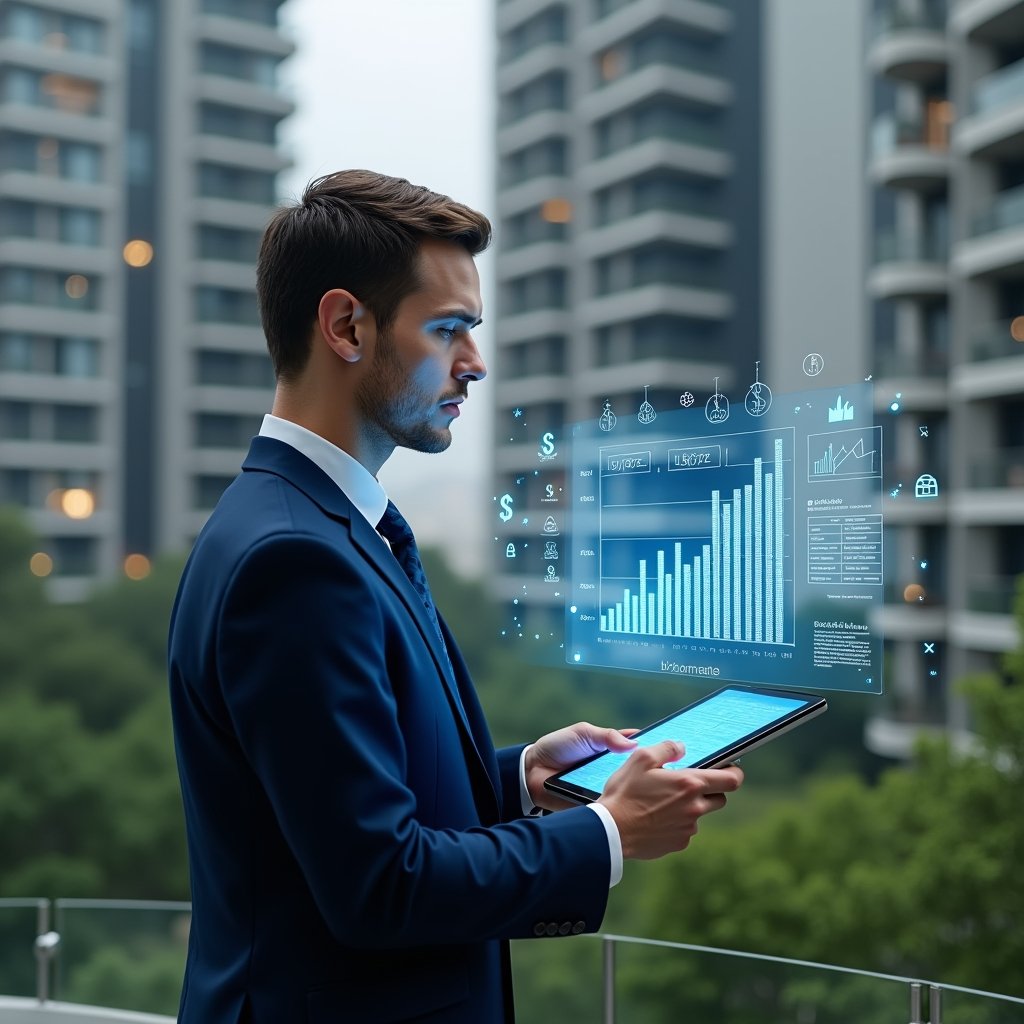 Ultra-realistic condominium manager in a navy blue suit, set in a modern luxury condominium environment with high-rise buildings and lush green landscaping, confidently analyzing a holographic budget chart projected from a digital tablet, surrounded by subtle dollar icons and blueprint overlays, cinematic lighting, shallow depth of field, highly detailed textures, realistic skin, photographic realism, 8k resolution --ar 1:1 --v 6