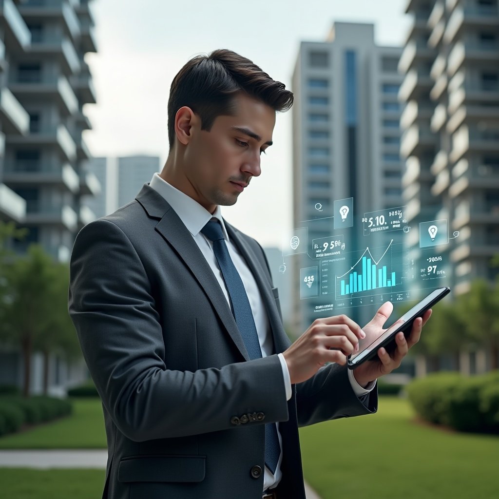 (Ultra-realistic condominium manager in a charcoal gray suit, set in a modern luxury condominium environment with high-rise buildings and manicured green landscaping, examining a tablet displaying holographic cost-saving charts and energy consumption graphs, confident and focused expression, floating icons of dollar signs and LED bulbs around them, cinematic lighting, shallow depth of field, highly detailed textures, realistic skin, photographic realism, 8k resolution --ar 1:1 --v 6)