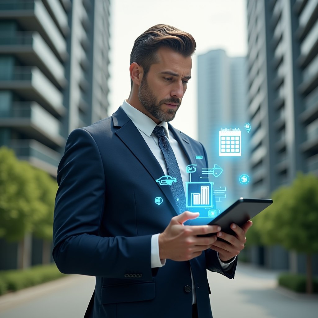 (Ultra-realistic condominium manager in a tailored navy suit, set in a modern luxury condominium environment with high-rise buildings and lush green landscaping, confidently holding a tablet displaying holographic charts and digital interfaces, surrounded by floating icons of a calendar, financial graph and building floor plan to symbolize tech-driven administration, cinematic lighting, shallow depth of field, highly detailed textures, realistic skin, photographic realism, 8k resolution --ar 1:1 --v 6)