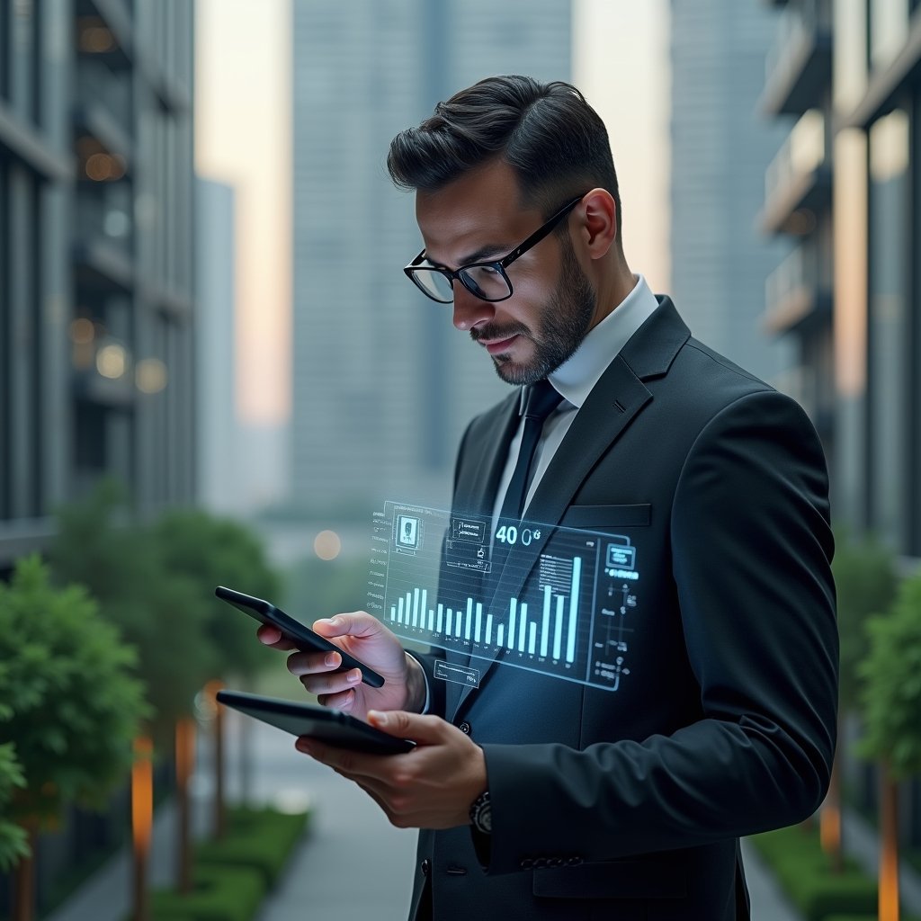 (Ultra-realistic condominium manager in a dark gray executive suit, set in a modern luxury condominium environment with high-rise buildings and green landscaping, confidently analyzing a holographic financial dashboard projected from a smartphone, holding a tablet displaying expense charts, cinematic lighting, shallow depth of field, highly detailed textures, realistic skin, photographic realism, 8k resolution --ar 1:1 --v 6)
