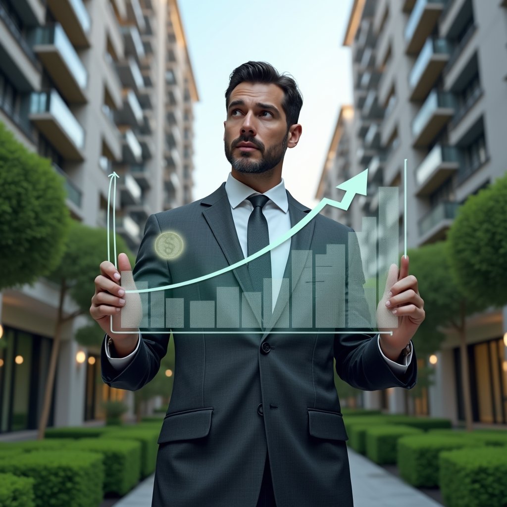 (Ultra-realistic condominium manager in a charcoal gray suit, set in a modern luxury condominium environment with high-rise buildings and manicured green landscaping, analyzing holographic financial charts and downward-trending cost graphs projected in front of them, floating money and coin icons symbolizing expense reduction, confident and focused expression, cinematic lighting, shallow depth of field, highly detailed textures, realistic skin, photographic realism, 8k resolution --ar 1:1 --v 6)