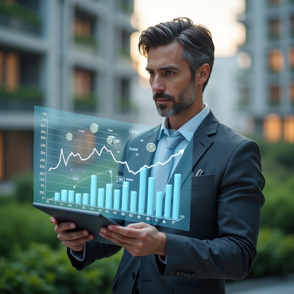 (Ultra-realistic condominium manager in a charcoal gray suit, set in a modern luxury condominium environment with high-rise buildings and lush green landscaping, holding a transparent holographic budget chart showing reduced expenses and analyzing cost trends on a tablet, holographic icons of coins and graphs floating nearby symbolizing financial control, confident and focused expression, cinematic lighting, shallow depth of field, highly detailed textures, realistic skin, photographic realism, 8k resolution --ar 1:1 --v 6)