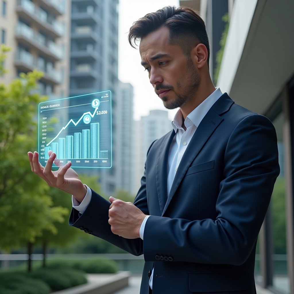(Ultra-realistic condominium manager in a tailored navy suit, set in a modern luxury condominium environment with high-rise buildings and lush green landscaping, examining a floating holographic budget report with downward-trend cost icons, confident and analytical expression, cinematic lighting, shallow depth of field, highly detailed textures, realistic skin, photographic realism, 8k resolution --ar 1:1 --v 6)