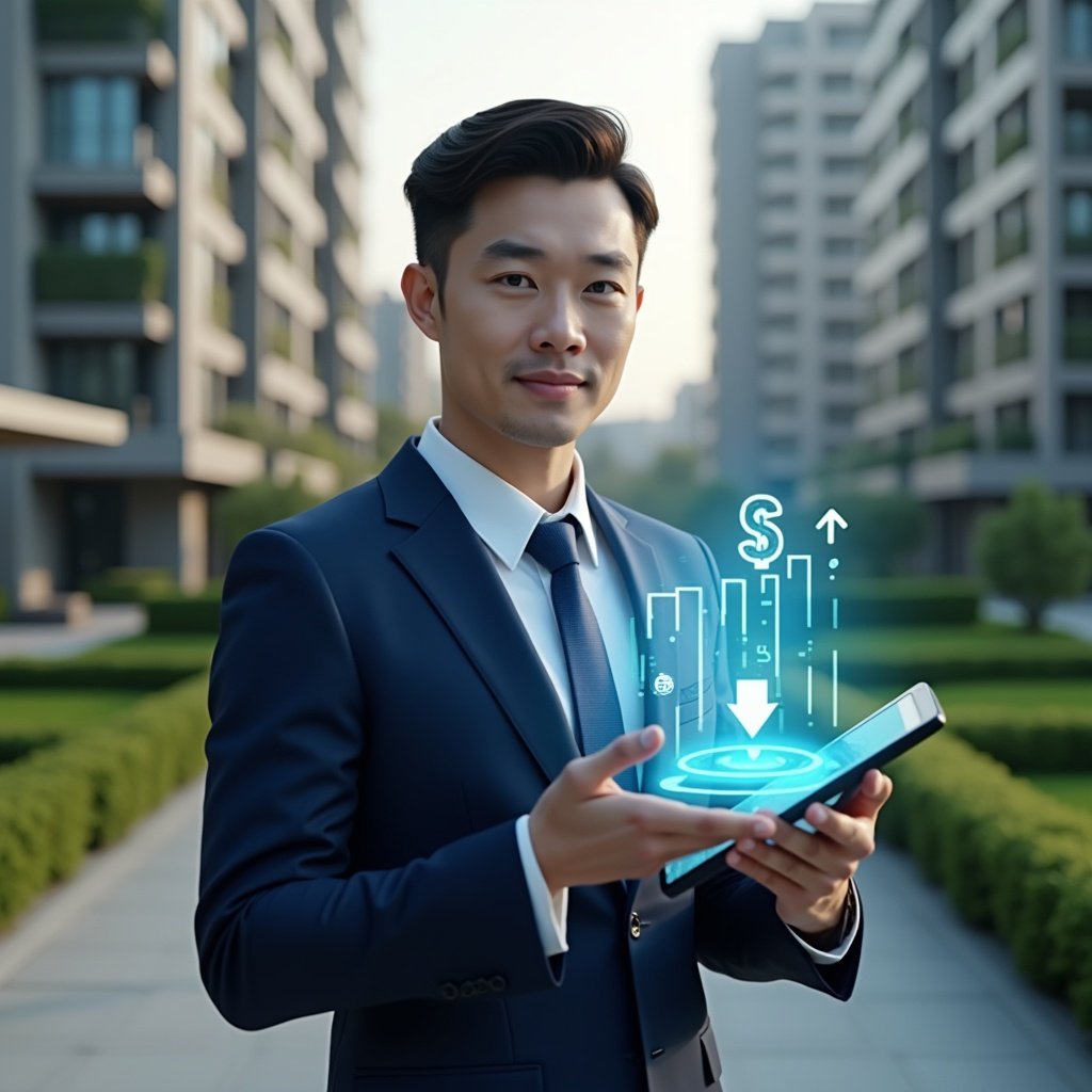 Ultra-realistic condominium manager in a navy business suit, set in a modern luxury condominium environment with high-rise buildings and manicured green landscaping, mid-shot with the professional holding a digital tablet projecting a holographic cost-reduction chart with tools icon and downward arrow, confident and focused expression, cinematic lighting, shallow depth of field, highly detailed textures, realistic skin, photographic realism, 8k resolution --ar 1:1 --v 6