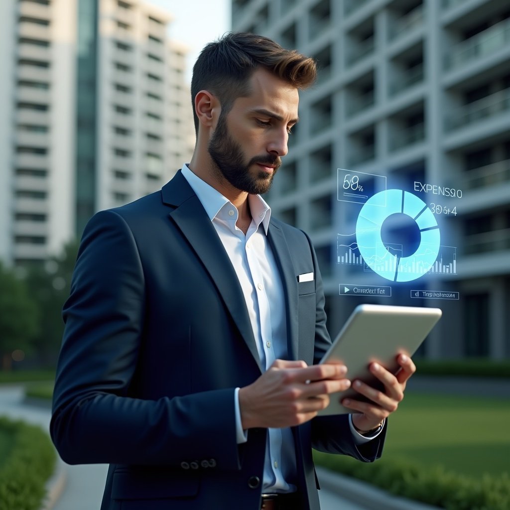 Ultra-realistic condominium manager in a navy executive suit, set in a modern luxury condominium environment with high-rise buildings and green landscaping, analyzing a floating holographic pie chart and downward-trending expense graphs projected above a tablet in hand, confident and focused expression, cinematic lighting, shallow depth of field, highly detailed textures, realistic skin, photographic realism, 8k resolution --ar 1:1 --v 6