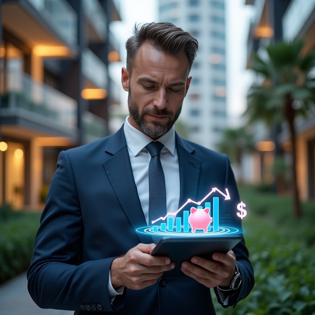 Ultra-realistic property manager in a tailored navy suit, set in a modern luxury condominium environment with high-rise buildings and green landscaping, holding a tablet displaying holographic cost-cutting bar charts and downward arrows, analyzing budget projections with a confident expression, glowing piggy bank and currency icons floating nearby, cinematic lighting, shallow depth of field, highly detailed textures, realistic skin, photographic realism, 8k resolution --ar 1:1 --v 6