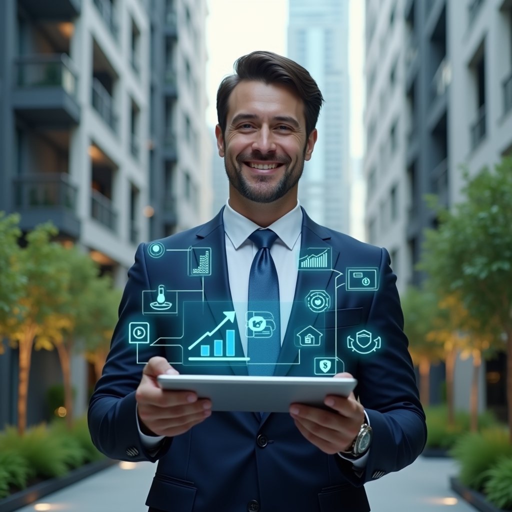 Ultra-realistic property manager in a navy suit, set in a modern luxury condominium environment with high-rise buildings and green landscaping, medium shot of a confident professional holding a transparent tablet displaying floating holographic icons of financial charts, chat bubbles, calendar reservations, security shield and maintenance tools, cinematic lighting, shallow depth of field, highly detailed textures, realistic skin, photographic realism, 8k resolution --ar 1:1 --v 6