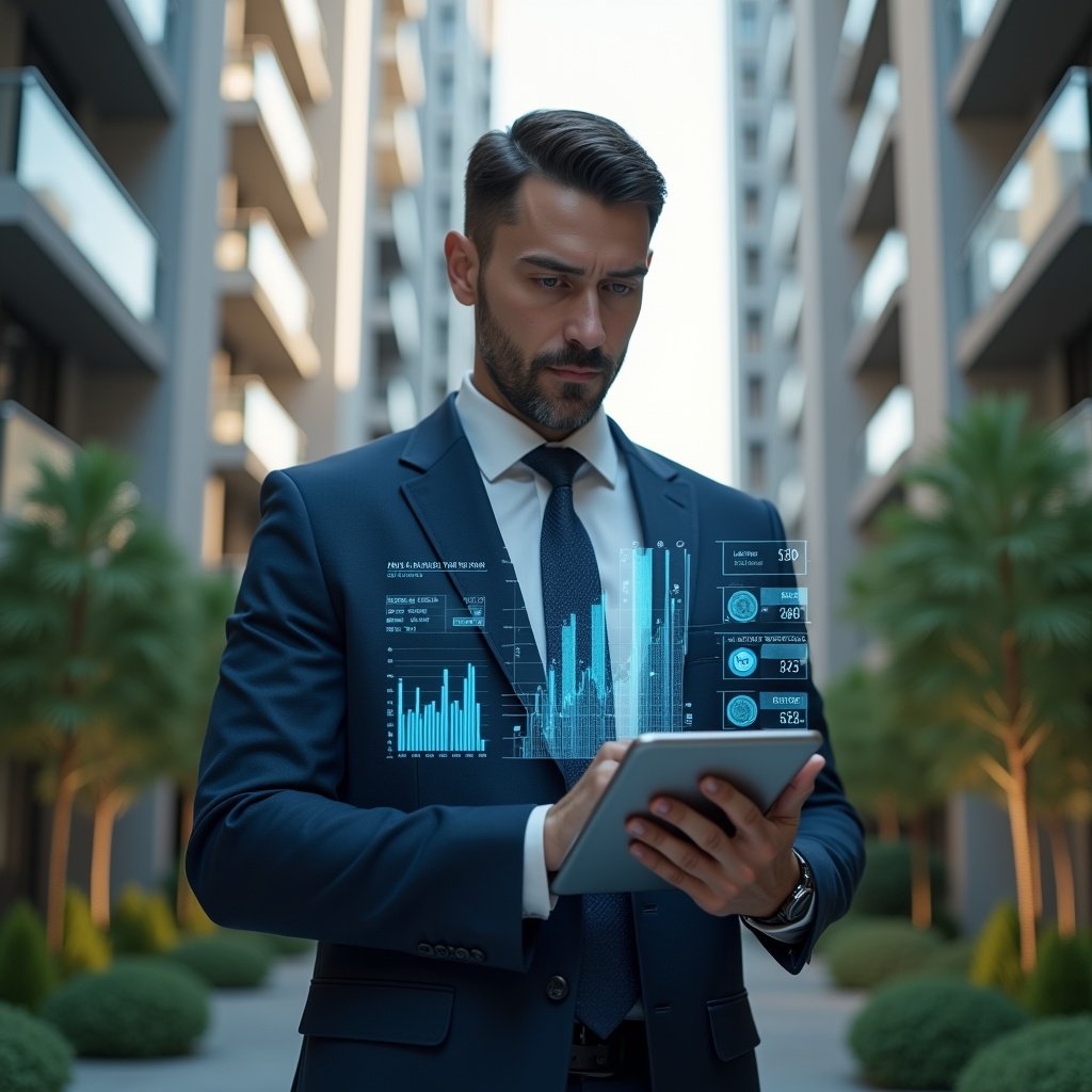 (Ultra-realistic condominium manager in a dark blue executive suit, set in a modern luxury condominium environment with high-rise buildings and meticulously landscaped gardens, holding a tablet that projects holographic financial charts and expense-tracking icons, confidently analyzing data to reduce costs, cinematic lighting, shallow depth of field, highly detailed textures, realistic skin, photographic realism, 8k resolution --ar 1:1 --v 6)