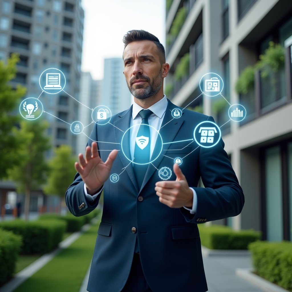 Ultra-realistic condominium manager in a tailored navy suit, set in a modern luxury condominium environment with high-rise buildings and lush green landscaping, standing in a medium shot, confidently interacting with floating holographic icons representing communication, financial charts, security shield, calendar bookings and analytics gears, cinematic lighting, shallow depth of field, highly detailed textures, realistic skin, photographic realism, 8k resolution --ar 1:1 --v 6