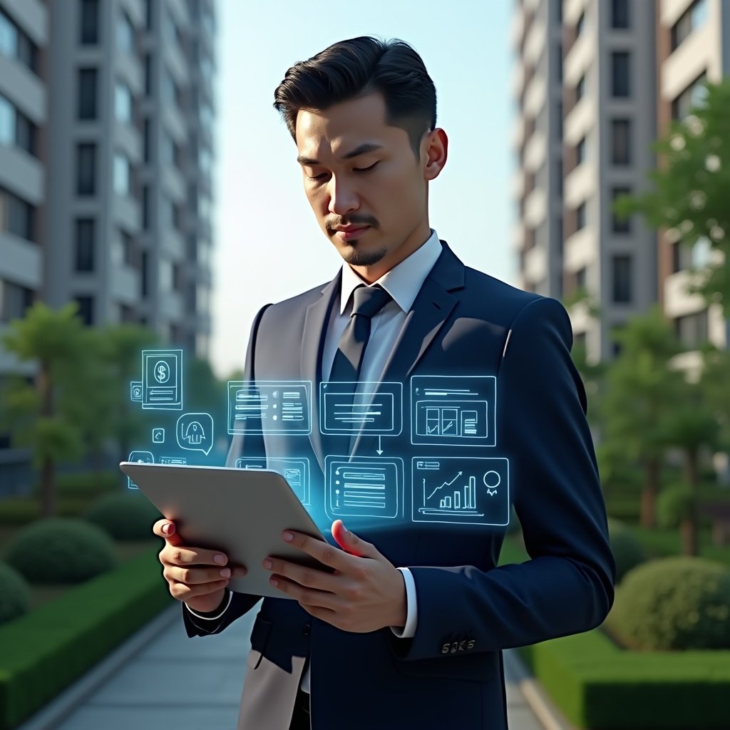 (Ultra-realistic condominium manager in a tailored navy suit, set in a modern luxury condominium environment with high-rise buildings and lush green landscaping, holding a tablet that projects holographic icons of financial reports, chat bubbles, maintenance tickets, reservation calendar and performance charts, confidently analyzing the floating UI elements, cinematic lighting, shallow depth of field, highly detailed textures, realistic skin, photographic realism, 8k resolution --ar 1:1 --v 6)