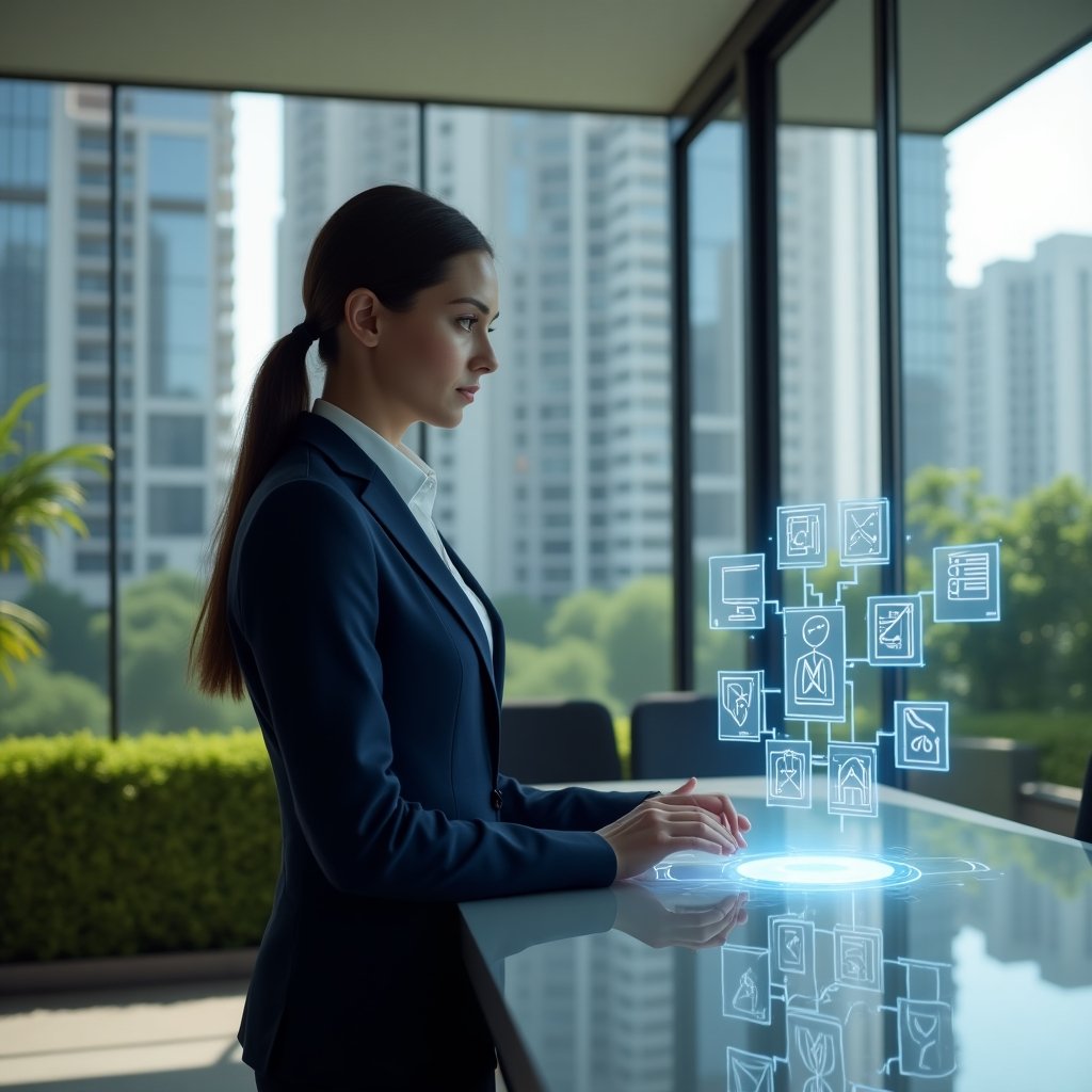 (Ultra-realistic condominium manager in a tailored navy suit, set in a modern luxury condominium environment with high-rise buildings and manicured green landscaping, standing at a sleek glass desk interacting with floating holographic icons for communication, finance, maintenance, security, and reservation modules, a holographic smartphone interface projected in front of them, confident and focused expression, cinematic lighting, shallow depth of field, highly detailed textures, realistic skin, photographic realism, 8k resolution --ar 1:1 --v 6)
