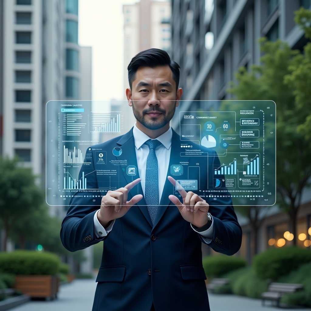 (Ultra-realistic condominium manager in a dark blue executive suit, set in a modern luxury condominium environment with high-rise buildings and meticulously landscaped greenery, interacting with a floating holographic dashboard of KPI charts and icons representing delinquency, expense allocation, resident satisfaction, service response time, and common-area usage, analytical and confident expression, cinematic lighting, shallow depth of field, highly detailed textures, realistic skin, photographic realism, 8k resolution --ar 1:1 --v 6)