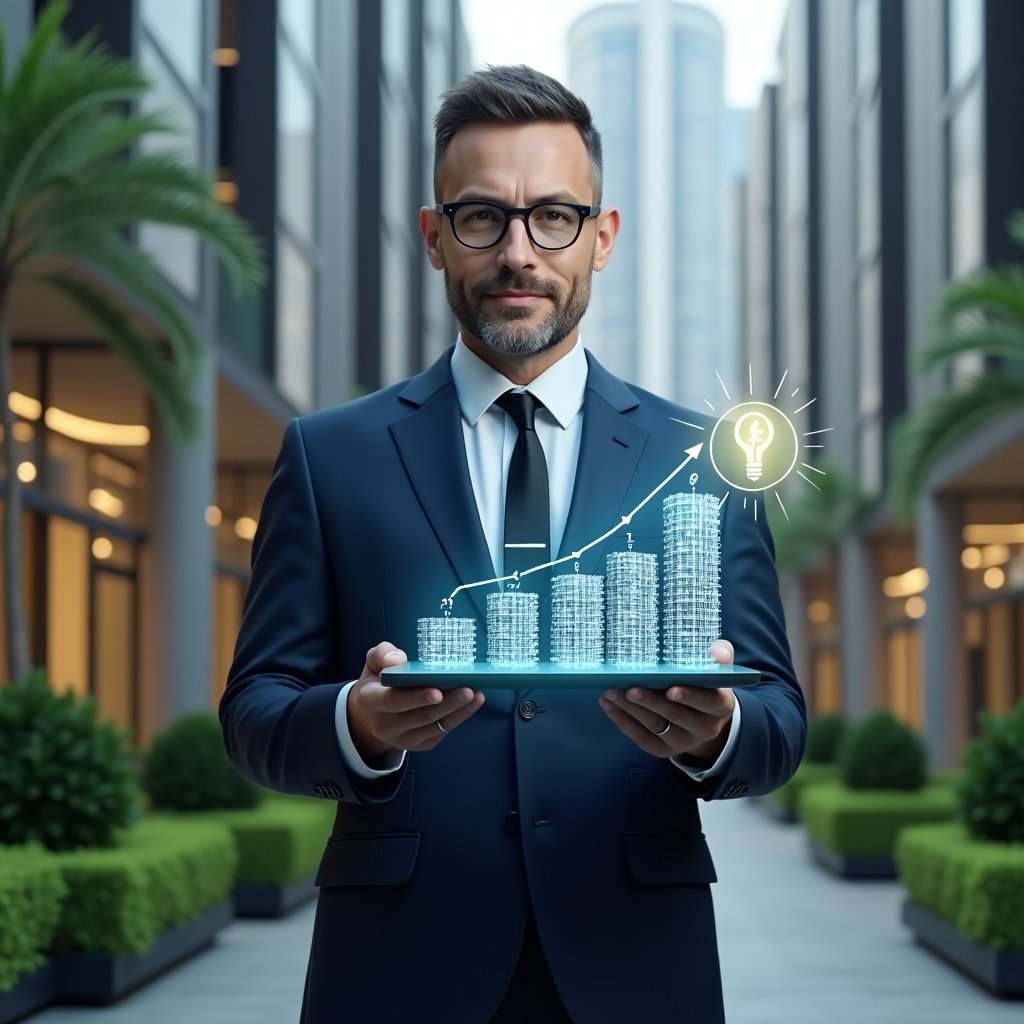(Ultra-realistic condominium manager in a tailored navy suit, set in a modern luxury condominium environment with high-rise buildings and manicured green landscaping, holding a transparent holographic tablet displaying descending cost graphs, confidently analyzing data to reduce expenses, a floating icon of a lightbulb and dollar sign symbolizing energy efficiency and savings, cinematic lighting, shallow depth of field, highly detailed textures, realistic skin, photographic realism, 8k resolution --ar 1:1 --v 6)