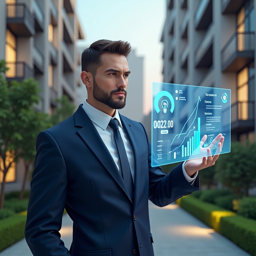 (Ultra-realistic property manager in a navy blue executive suit, set in a modern luxury condominium environment with high-rise buildings and manicured green landscaping, examining a floating holographic cost-reduction dashboard displaying energy, maintenance, and supplier expense charts, confident and focused expression, holographic icons of lightbulb, wrench, and dollar sign, cinematic lighting, shallow depth of field, highly detailed textures, realistic skin, photographic realism, 8k resolution --ar 1:1 --v 6)