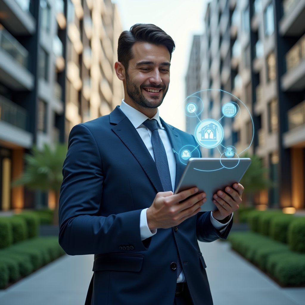 Ultra-realistic condominium manager in a tailored dark blue suit, set in a modern luxury condominium environment with high-rise buildings and manicured green landscaping, mid-shot holding a tablet displaying hovering holographic icons for cost reduction, real-time communication and workflow acceleration, confident and focused expression, cinematic lighting, shallow depth of field, highly detailed textures, realistic skin, photographic realism, 8k resolution --ar 1:1 --v 6