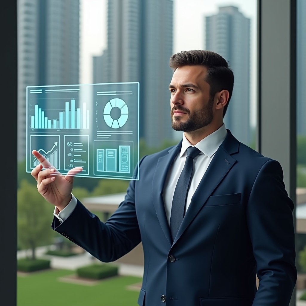 (Ultra-realistic condominium manager in a navy blue suit, set in a modern luxury condominium environment with high-rise buildings and well-manicured green landscaping, holding and pointing at a transparent holographic financial report with floating bar and pie charts, confident and engaged expression, cinematic lighting, shallow depth of field, highly detailed textures, realistic skin, photographic realism, 8k resolution --ar 1:1 --v 6)