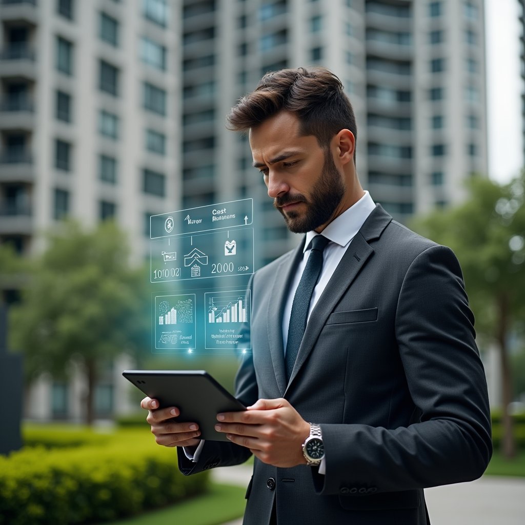 Ultra-realistic condominium manager in a dark gray tailored suit, set in a modern luxury condominium environment with high-rise buildings and manicured green landscaping, analyzing a tablet with floating holographic workflow charts and app icons symbolizing automation, cost reduction, and communication, confident and focused expression, cinematic lighting, shallow depth of field, highly detailed textures, realistic skin, photographic realism, 8k resolution --ar 1:1 --v 6