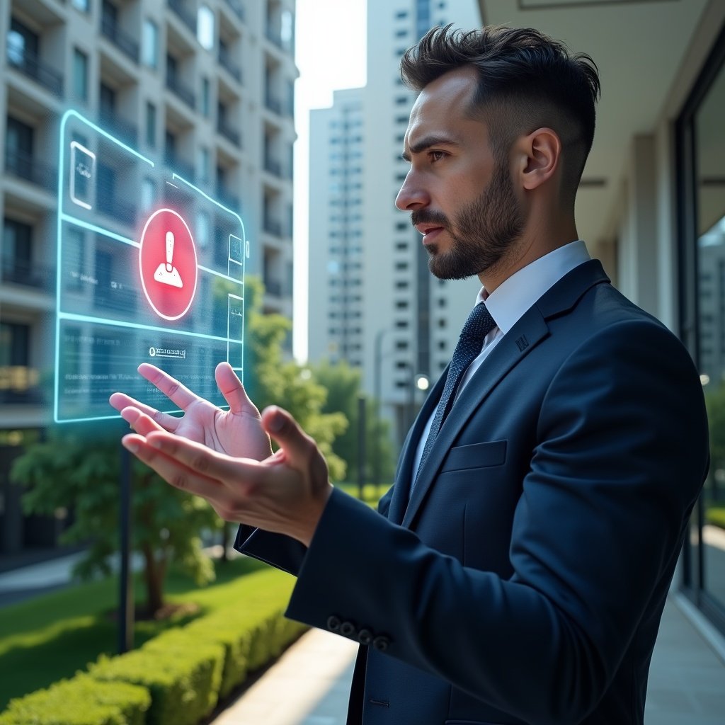 (Ultra-realistic condominium manager in a tailored navy suit, set in a modern luxury condominium environment with high-rise buildings and manicured green landscaping, thoughtfully examining a holographic interface of an outdated management application with red warning icons and a cracked app icon hologram, cinematic lighting, shallow depth of field, highly detailed textures, realistic skin, photographic realism, 8k resolution --ar 1:1 --v 6)