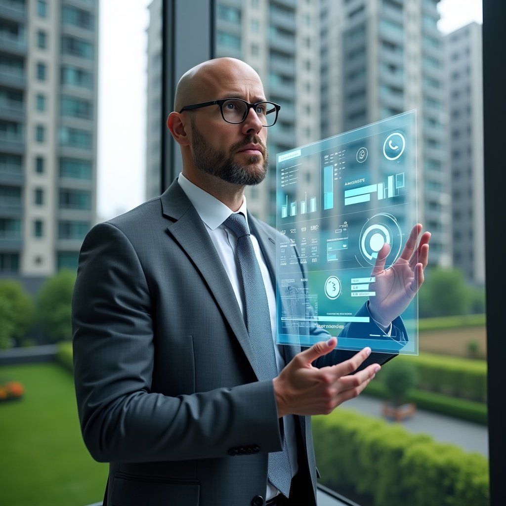 (Ultra-realistic condominium manager in a charcoal gray executive suit, set in a modern luxury condominium environment with high-rise buildings and meticulously maintained green landscaping, holding a transparent holographic dashboard interface displaying financial charts and communication icons, confidently analyzing data, floating digital icons representing automated billing, visitor control and maintenance schedules, cinematic lighting, shallow depth of field, highly detailed textures, realistic skin, photographic realism, 8k resolution --ar 1:1 --v 6)