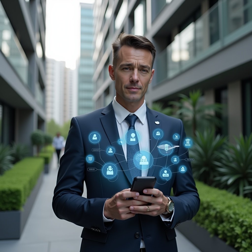 (Ultra-realistic property manager in a sleek navy suit, set in a modern luxury condominium environment with high-rise buildings and lush green landscaping, holding a smartphone displaying floating holographic icons for billing, reservations and internal communications, confident and focused expression, cinematic lighting, shallow depth of field, highly detailed textures, realistic skin, photographic realism, 8k resolution --ar 1:1 --v 6)