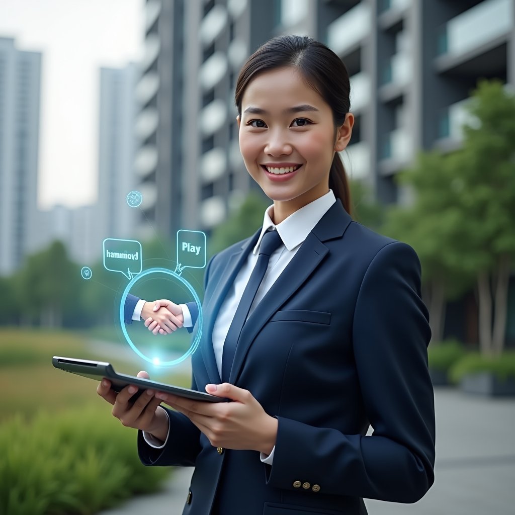 (Ultra-realistic condominium manager in a navy blue suit, set in a modern luxury condominium environment with high-rise buildings and green landscaping, holding a tablet projecting a holographic community guidelines interface with icons of handshake and chat bubbles symbolizing harmony, confident and approachable expression, cinematic lighting, shallow depth of field, highly detailed textures, realistic skin, photographic realism, 8k resolution --ar 1:1 --v 6)