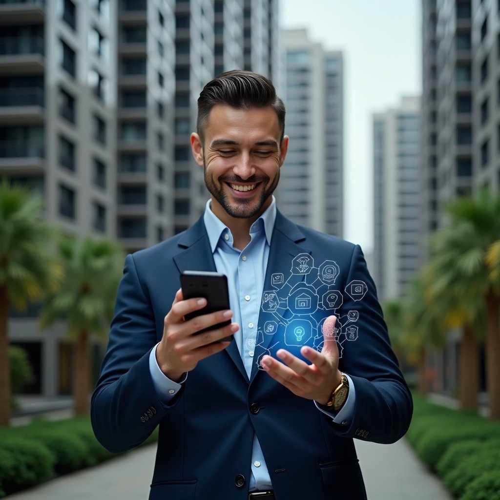 (Ultra-realistic condominium manager in a navy executive suit, set in a modern luxury condominium environment with high-rise buildings and manicured green landscaping, holding a smartphone displaying a holographic app interface with icons for communication, reservations, and notifications, smiling confidently while interacting with floating digital elements symbolizing engagement and routine integration, cinematic lighting, shallow depth of field, highly detailed textures, realistic skin, photographic realism, 8k resolution --ar 1:1 --v 6)