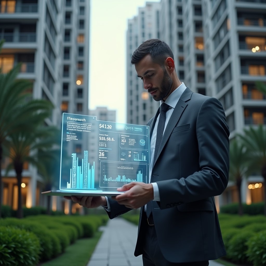 (Ultra-realistic condominium manager in a charcoal gray suit, set in a modern luxury condominium environment with high-rise buildings and manicured green landscaping, confidently examining a floating holographic financial dashboard displaying charts and graphs, glowing translucent icons of invoices and ledgers hovering nearby, cinematic lighting, shallow depth of field, highly detailed textures, realistic skin, photographic realism, 8k resolution --ar 1:1 --v 6)