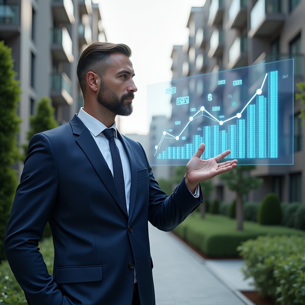 (Ultra-realistic condominium manager in a navy blue suit, set in a modern luxury condominium environment with high-rise buildings and meticulously landscaped gardens, standing in a medium shot and confidently pointing at a translucent holographic cost-reduction chart with floating money and graph icons, cinematic lighting, shallow depth of field, highly detailed textures, realistic skin, photographic realism, 8k resolution --ar 1:1 --v 6)