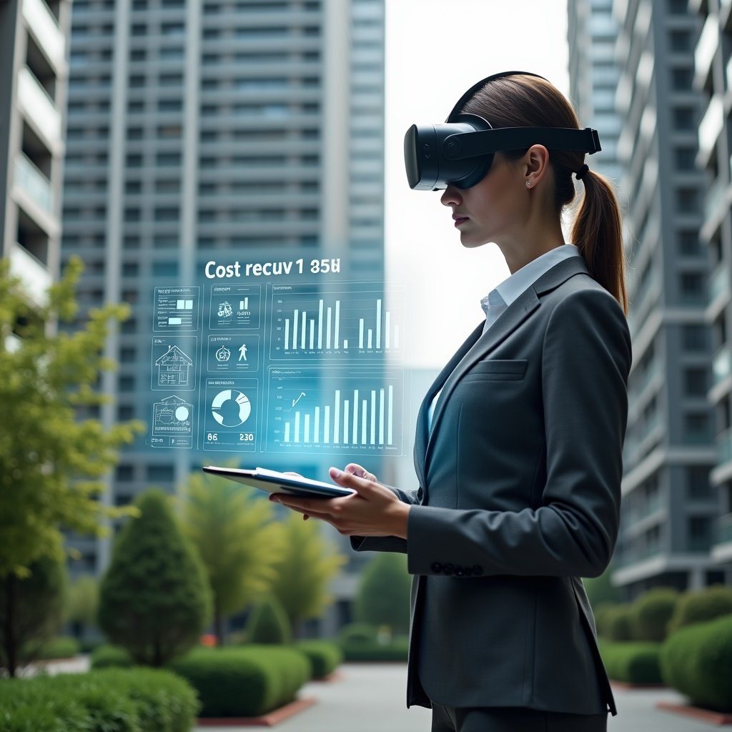 Ultra-realistic professional property manager in a charcoal gray suit, set in a modern luxury condominium environment with high-rise buildings and manicured green landscaping, confidently reviewing a floating holographic dashboard showing cost-reduction graphs and maintenance schedules, energy efficiency icons and financial charts hovering mid-air, cinematic lighting, shallow depth of field, highly detailed textures, realistic skin, photographic realism, 8k resolution --ar 1:1 --v 6