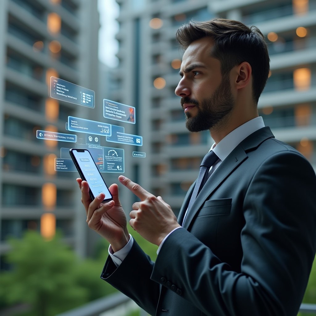 Ultra-realistic condominium manager in a dark gray suit, set in a modern luxury condominium environment with high-rise buildings and green landscaping, examining a holographic smartphone interface displaying error icons and warning signs, pointing thoughtfully at the floating app UI, holographic warning symbols around him, cinematic lighting, shallow depth of field, highly detailed textures, realistic skin, photographic realism, 8k resolution --ar 1:1 --v 6