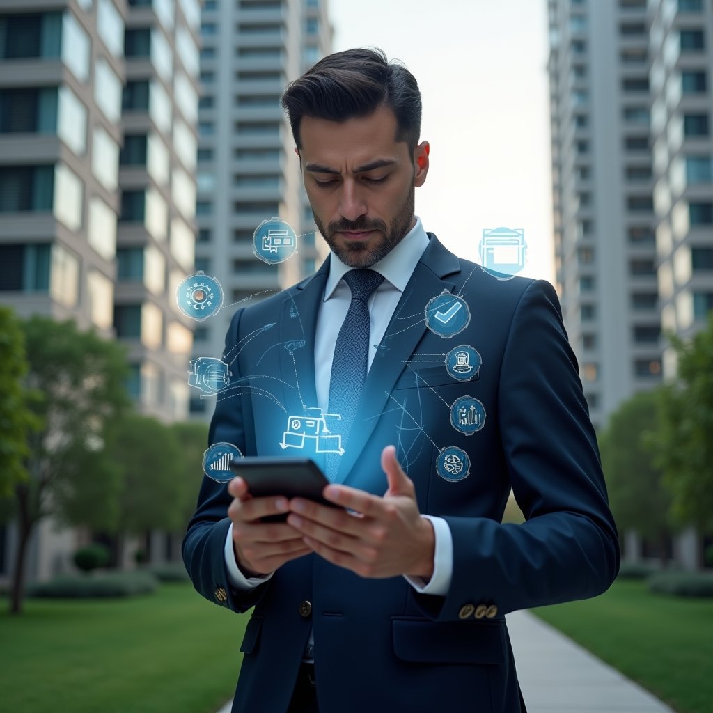 Ultra-realistic condominium manager in a tailored dark blue suit, set in a modern luxury condominium environment with high-rise buildings and manicured green landscaping, examining a holographic smartphone interface displaying app icons and charts, confident and focused expression, symbolic floating icons of gear and checklist representing management errors, cinematic lighting, shallow depth of field, highly detailed textures, realistic skin, photographic realism, 8k resolution --ar 1:1 --v 6
