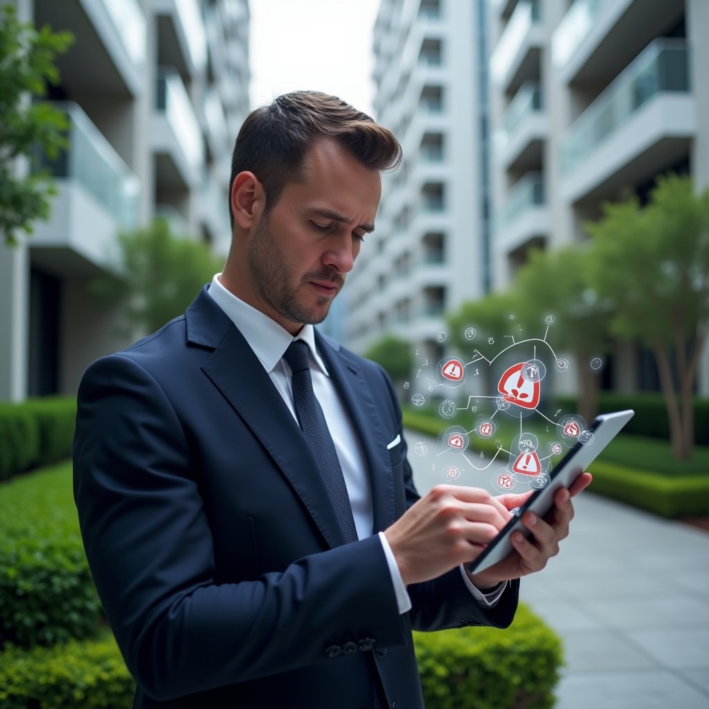 Ultra-realistic condominium manager in a navy executive suit, set in a modern luxury condominium environment with high-rise buildings and manicured green landscaping, holding a tablet displaying holographic warning icons and error symbols, analyzing them with a thoughtful, slightly concerned expression, floating red exclamation marks and transparent app interface elements around, cinematic lighting, shallow depth of field, highly detailed textures, realistic skin, photographic realism, 8k resolution --ar 1:1 --v 6