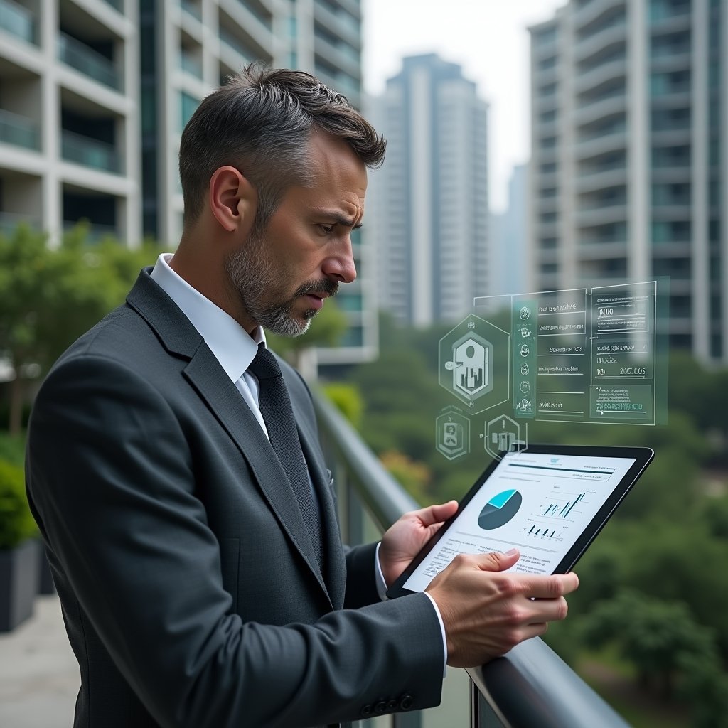 Ultra-realistic condominium manager in a charcoal gray executive suit, set in a modern luxury condominium environment with high-rise buildings and meticulously landscaped gardens, reviewing financial documents on a tablet with a concerned expression, holographic charts and warning icons floating beside them to symbolize accounting errors, cinematic lighting, shallow depth of field, highly detailed textures, realistic skin, photographic realism, 8k resolution --ar 1:1 --v 6