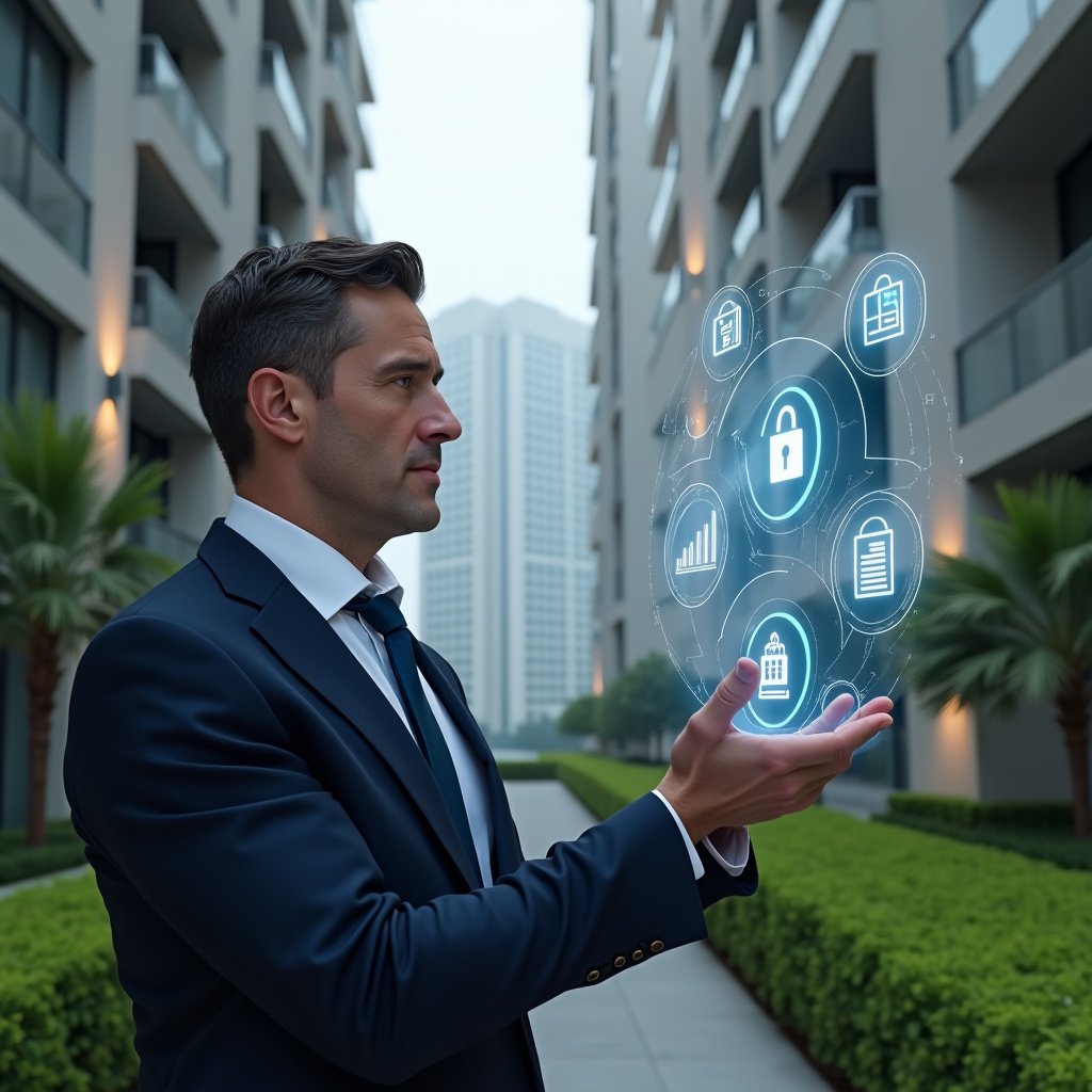 (Ultra-realistic condominium manager in a navy executive suit, set in a modern luxury condominium environment with high-rise buildings and manicured green landscaping, examining a floating holographic interface of a condo management app with icons of security locks, financial charts and visitor badges, thoughtful and confident expression, cinematic lighting, shallow depth of field, highly detailed textures, realistic skin, photographic realism, 8k resolution --ar 1:1 --v 6)