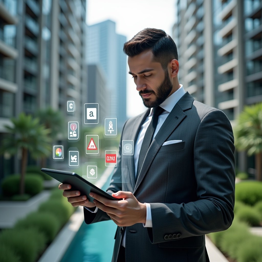 Ultra-realistic condominium manager in a charcoal gray suit, set in a modern luxury condominium environment with high-rise buildings and green landscaping, holding a tablet displaying floating app icons and error alerts, analyzing data with a focused, thoughtful expression, holographic UI elements highlighting common mistakes and checkmarks, cinematic lighting, shallow depth of field, highly detailed textures, realistic skin, photographic realism, 8k resolution --ar 1:1 --v 6