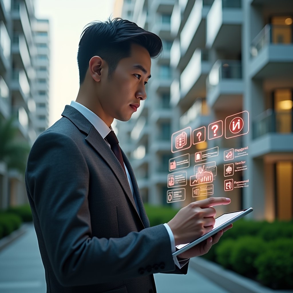 Ultra-realistic condominium manager in a charcoal grey suit, set in a modern luxury condominium environment with high-rise buildings and manicured green landscaping, holding a tablet projecting a floating holographic interface with red exclamation marks and checklist icons, looking thoughtfully at the display, cinematic lighting, shallow depth of field, highly detailed textures, realistic skin, photographic realism, 8k resolution --ar 1:1 --v 6