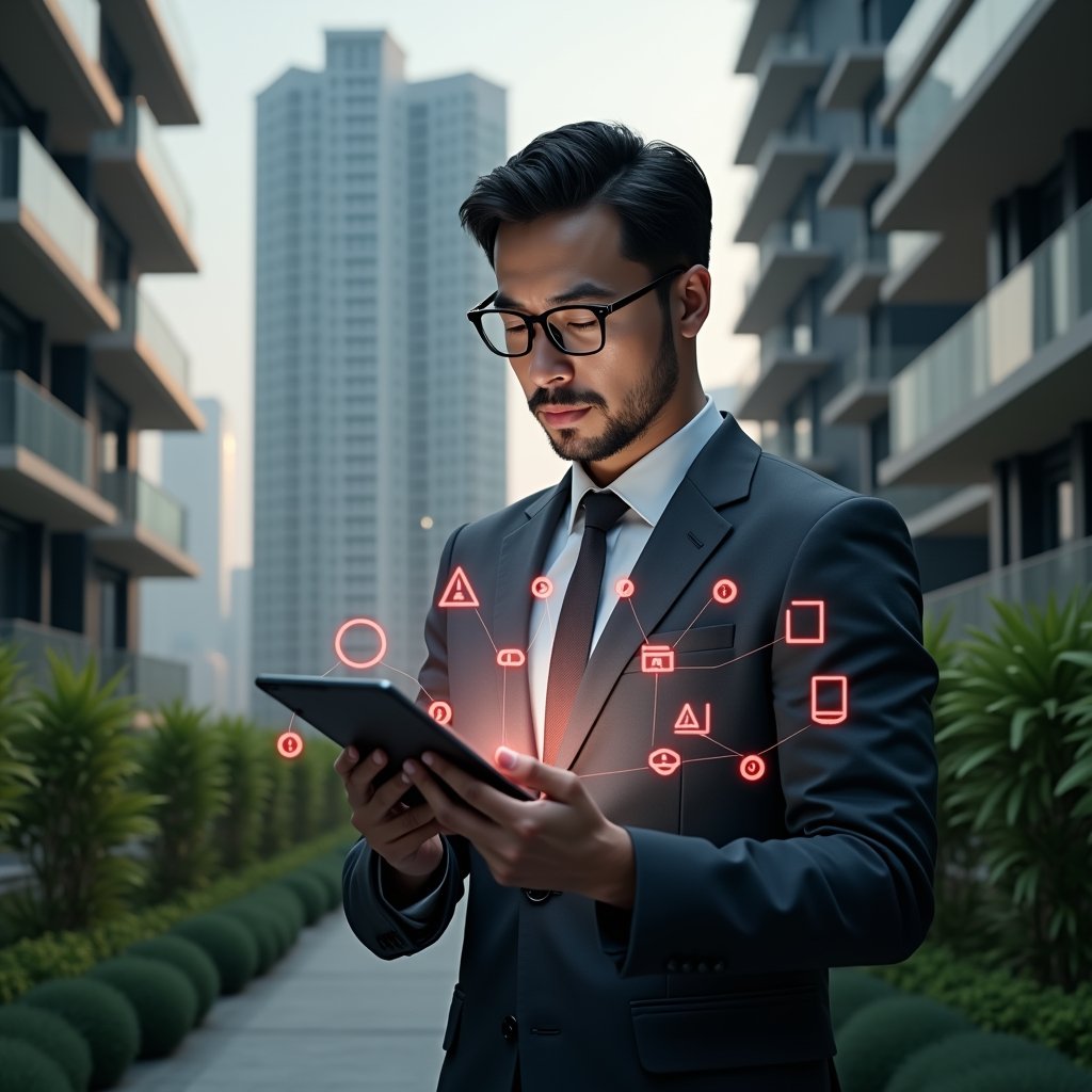 (Ultra-realistic condominium manager in a dark gray tailored suit, set in a modern luxury condominium environment with high-rise buildings and meticulously landscaped gardens, holding a transparent holographic tablet displaying a condo management app interface with red warning icons, examining it with a thoughtful, determined expression, symbolic floating error icons and checklist holograms around, cinematic lighting, shallow depth of field, highly detailed textures, realistic skin, photographic realism, 8k resolution --ar 1:1 --v 6)