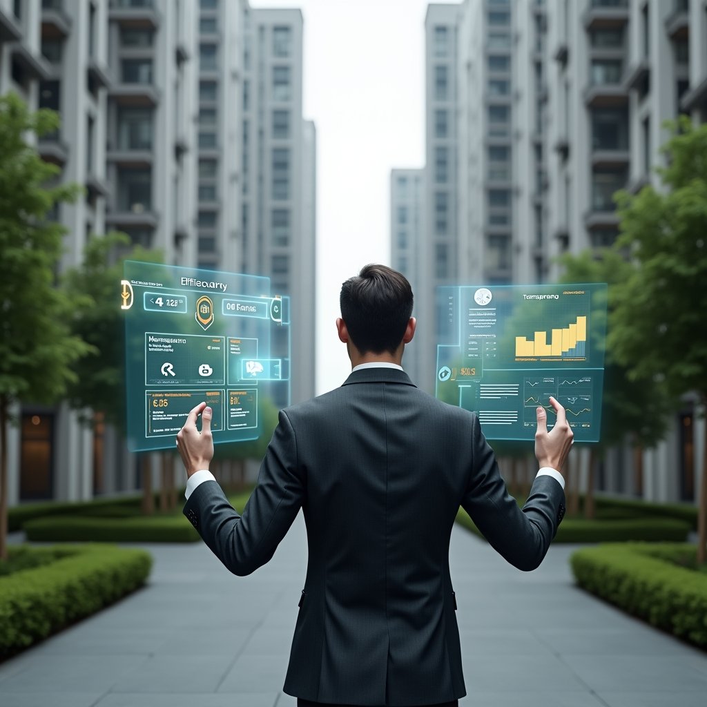 (Ultra-realistic condominium manager in a dark gray tailored suit, set in a modern luxury condominium environment with high-rise buildings and manicured green landscaping, standing in a medium close-up pose while interacting with a floating holographic dashboard displaying warning icons for common management errors, a transparent touchscreen interface labeled “transparency” and “efficiency,” cinematic lighting, shallow depth of field, highly detailed textures, realistic skin, photographic realism, 8k resolution --ar 1:1 --v 6)