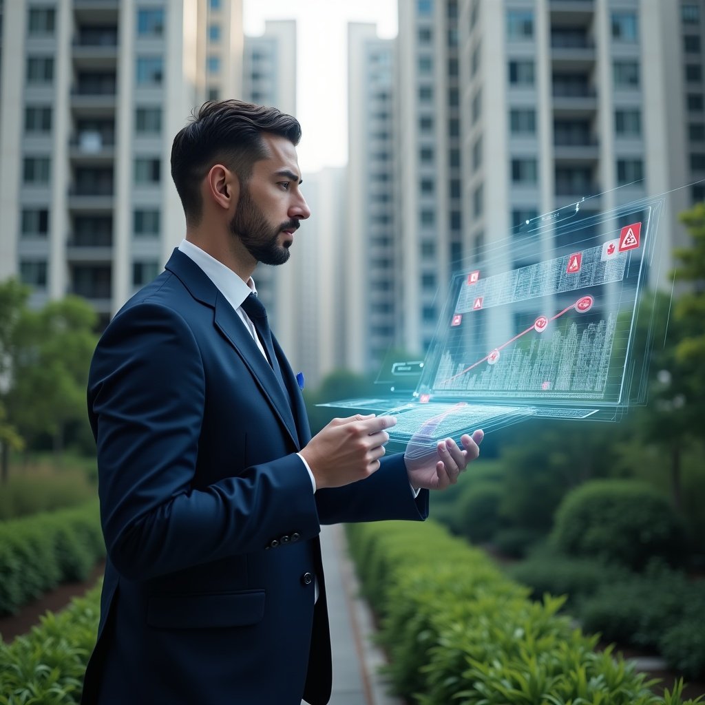 Ultra-realistic condominium manager in a navy executive suit, set in a modern luxury condominium environment with high-rise buildings and lush green landscaping, reviewing a holographic checklist of common management errors with red warning icons, projecting transparent financial graphs in mid-air, confident and focused expression, cinematic lighting, shallow depth of field, highly detailed textures, realistic skin, photographic realism, 8k resolution --ar 1:1 --v 6