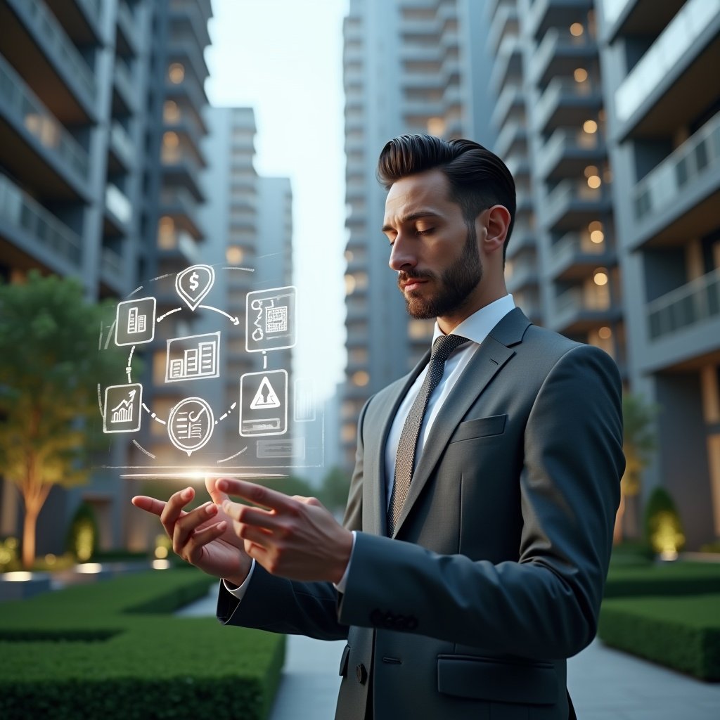 Ultra-realistic professional condo manager in a charcoal gray suit, set in a modern luxury condominium environment with high-rise buildings and manicured green landscaping, mid-shot of a thoughtful condominium manager reviewing a holographic financial report with floating icons of charts, receipts and warning symbols, conveying transparency and accountability, cinematic lighting, shallow depth of field, highly detailed textures, realistic skin, photographic realism, 8k resolution --ar 1:1 --v 6