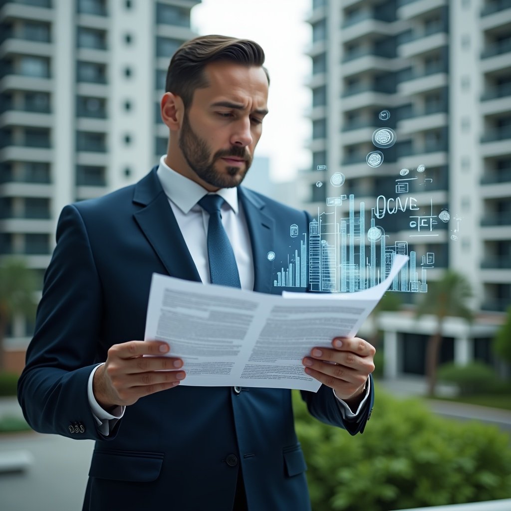 (Ultra-realistic condominium manager in a tailored navy suit, set in a modern luxury condominium environment with high-rise buildings and green landscaping, holding a holographic financial report and examining transparent 3D charts with a focused expression, floating icons of coins and balance scales symbolizing accurate accounting, cinematic lighting, shallow depth of field, highly detailed textures, realistic skin, photographic realism, 8k resolution --ar 1:1 --v 6)