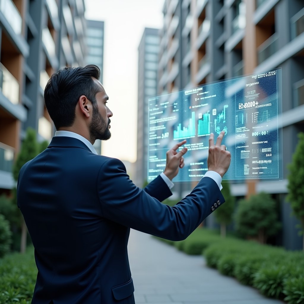 Ultra-realistic condominium manager in a navy blue executive suit, set in a modern luxury condominium environment with high-rise buildings and lush green landscaping, reviewing financial documents on a holographic ledger display, pointing thoughtfully at floating balance sheets and charts, focused and confident expression, cinematic lighting, shallow depth of field, highly detailed textures, realistic skin, photographic realism, 8k resolution --ar 1:1 --v 6