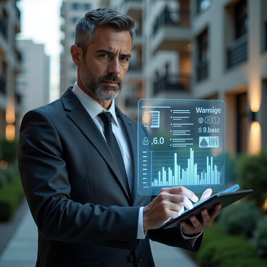 (Ultra-realistic condominium manager in a dark gray tailored suit, set in a modern luxury condominium environment with high-rise buildings and manicured greenery, medium shot close-up holding a transparent holographic financial chart over a tablet displaying warning icons and document symbols, serious and focused expression, cinematic lighting, shallow depth of field, highly detailed textures, realistic skin, photographic realism, 8k resolution --ar 1:1 --v 6)