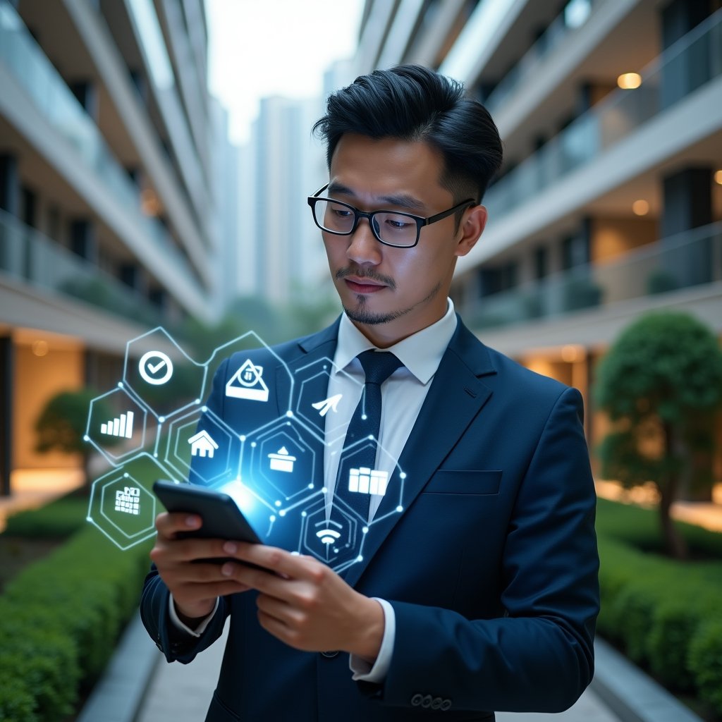 Ultra-realistic condominium manager in a navy executive suit, set in a modern luxury condominium environment with high-rise buildings and manicured green landscaping, examining a holographic condominium management app interface with floating app icon symbols and data charts, expression thoughtful yet confident, cinematic lighting, shallow depth of field, highly detailed textures, realistic skin, photographic realism, 8k resolution --ar 1:1 --v 6
